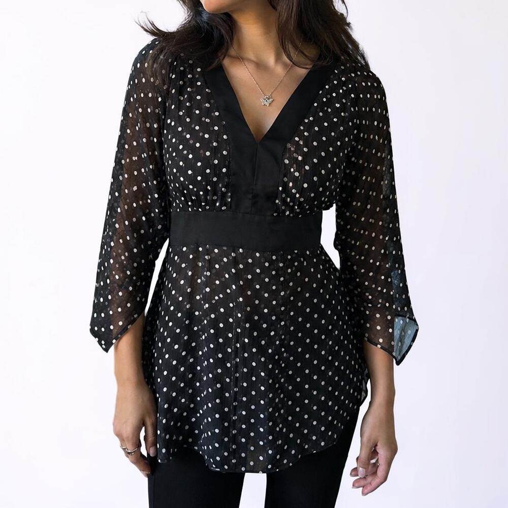 Vintage Y2K Notations Sheer Black Polka Dot Metallic Stripe Empire Waist Blouse